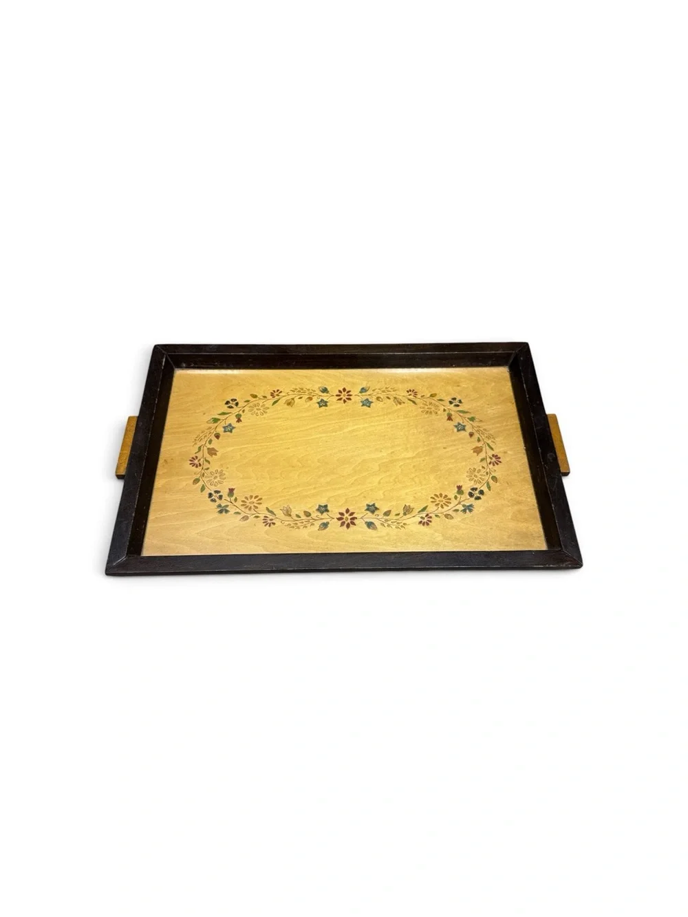 Vintage 1941 Handmade Wooden Serving Tray Floral Inlay Folk Art Rectangular